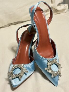 Elegant Light Blue Satin Pointed-Toe Slingback Heels with Crystal Brooch